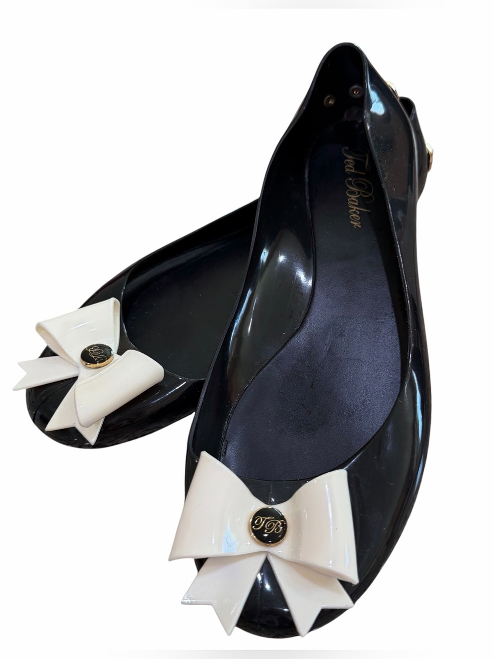 Ted Baker Black Patent Ballet Flats with White Bow - Gold accents - Size 9